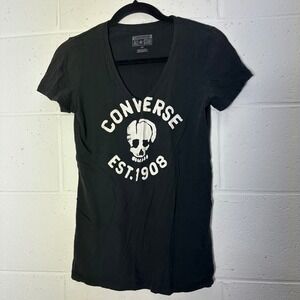 Converse All Star Skull Est 1908 Black V Neck T‎ Shirt Womens Small